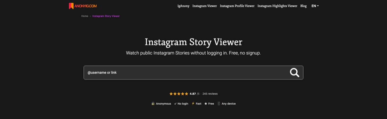 AnonyIG Instagram Story Viewer homepage with a username search box, a 4.87 out of 5 rating, and Anonymous, No login, Fast and Free badges.