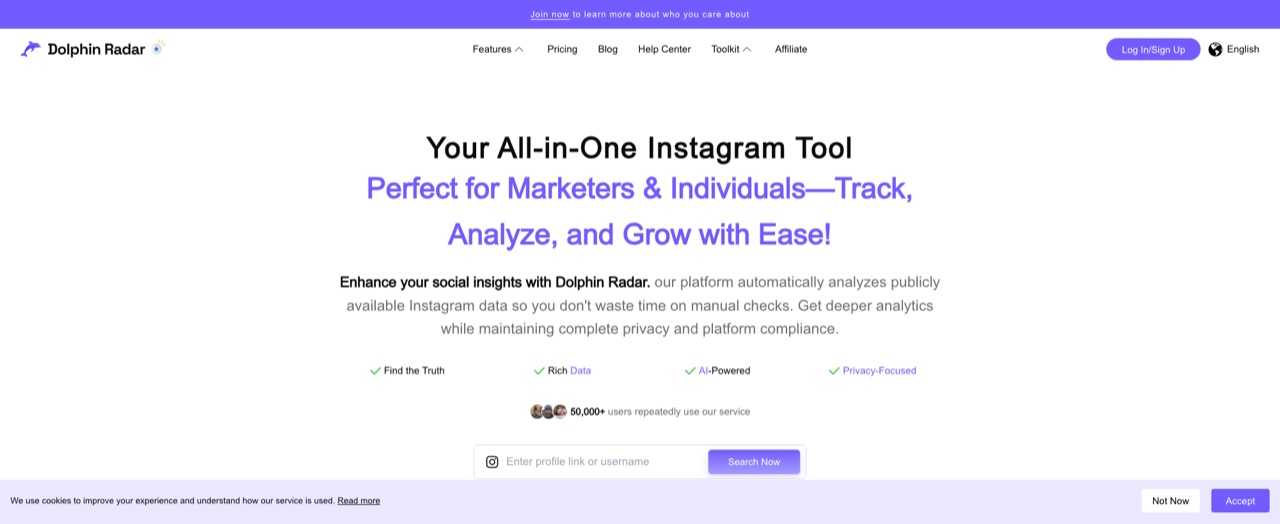 DolphinRadar Instagram tracker homepage marketed as an all-in-one Instagram tool for marketers, with a profile search box and a 50,000+ users note.