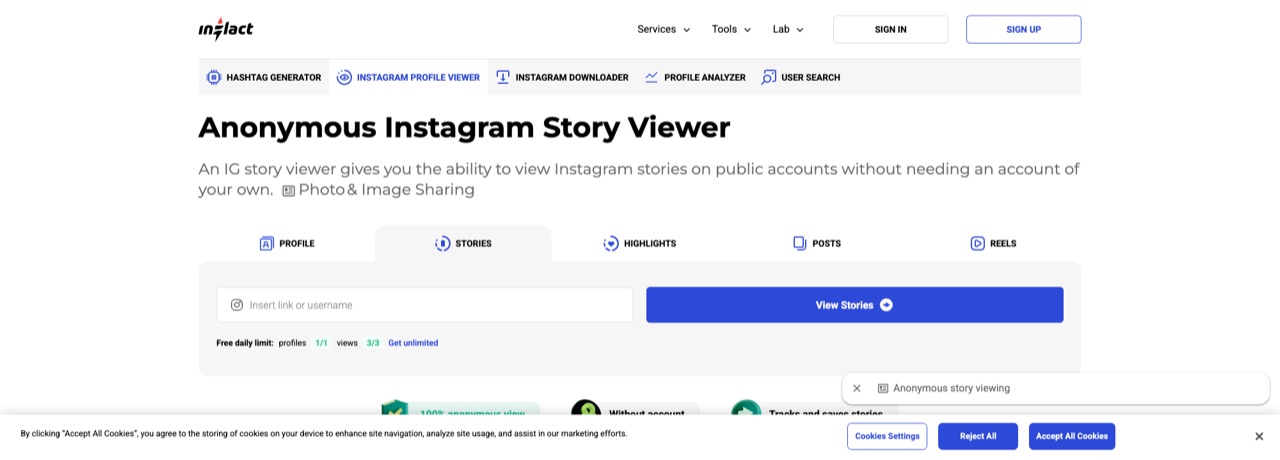 Inflact Anonymous Instagram Story Viewer page with Profile, Stories, Highlights, Posts and Reels tabs, a username field, and a free daily limit shown.