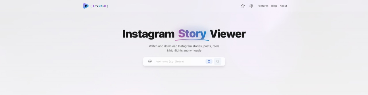 Inviziogram (Invizio) Instagram Story Viewer homepage with a username field and a note about watching and downloading stories, posts, reels and highlights anonymously.