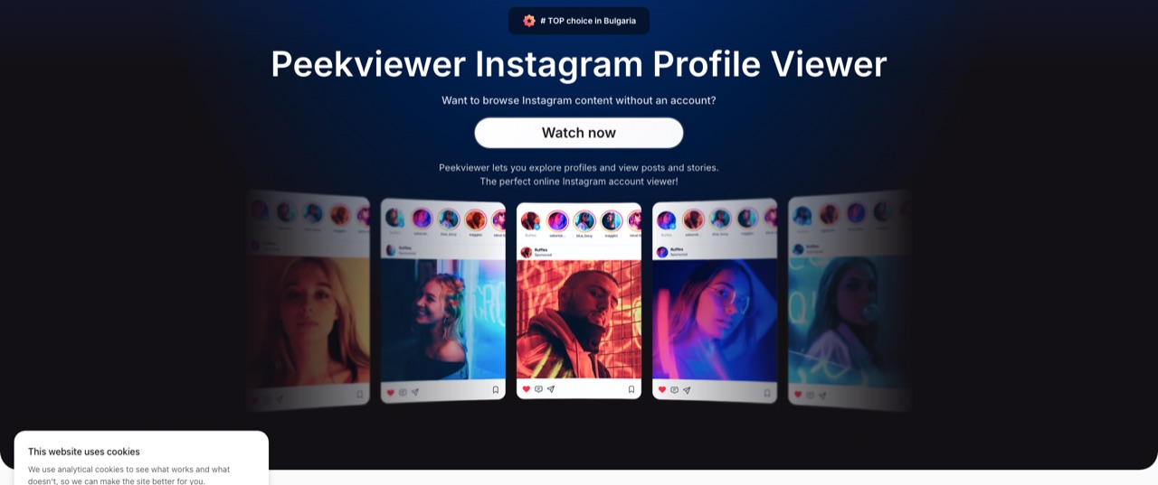 Peekviewer homepage: an anonymous Instagram profile viewer with a Watch now button and no login prompt, showing sample public story cards.