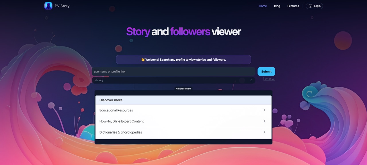 PV Story (formerly InstaPV) homepage with a Story and followers viewer heading, a username search box, and a third-party advertisement below it.