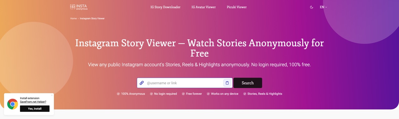 StoriesIG Instagram Story Viewer homepage on storiesig.info with a username search box and 100% Anonymous, No login required and Free forever badges.